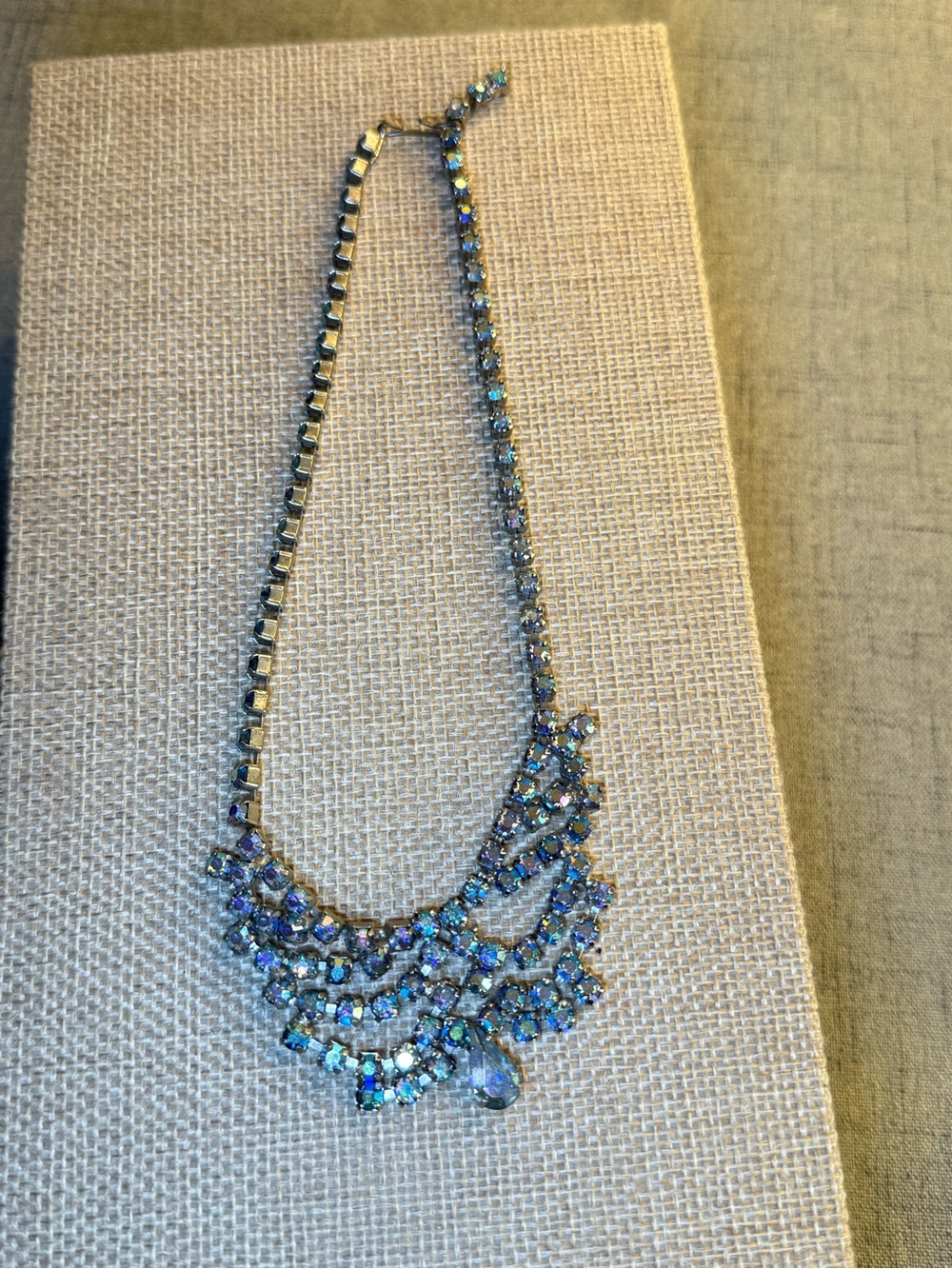 Vintage 1950s Aurora Borealis Rhinestone Bib Festoon Necklace Blue Sparkly J 15"